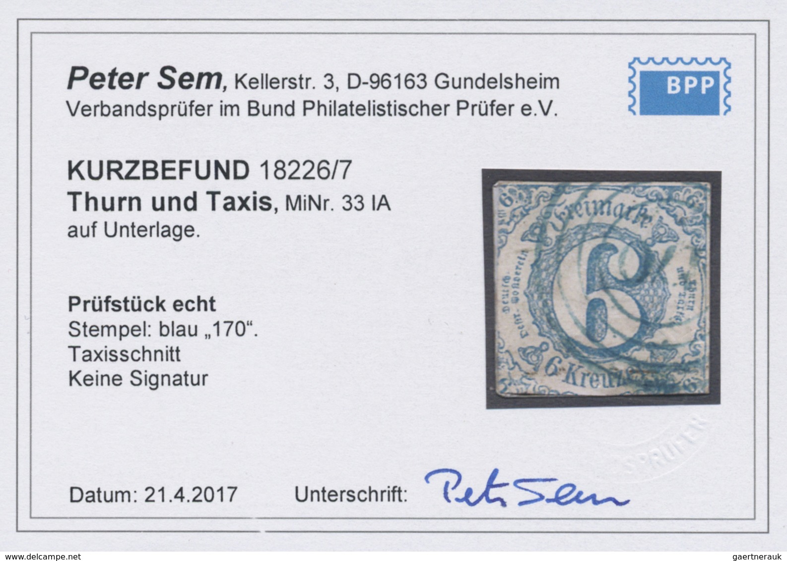 Brfst Thurn & Taxis - Nummernstempel: "170" Caub BLAUER Nr.-St. Klar Auf 6 Kr. Blau Mit Taxis-Schnitt Auf - Sonstige & Ohne Zuordnung