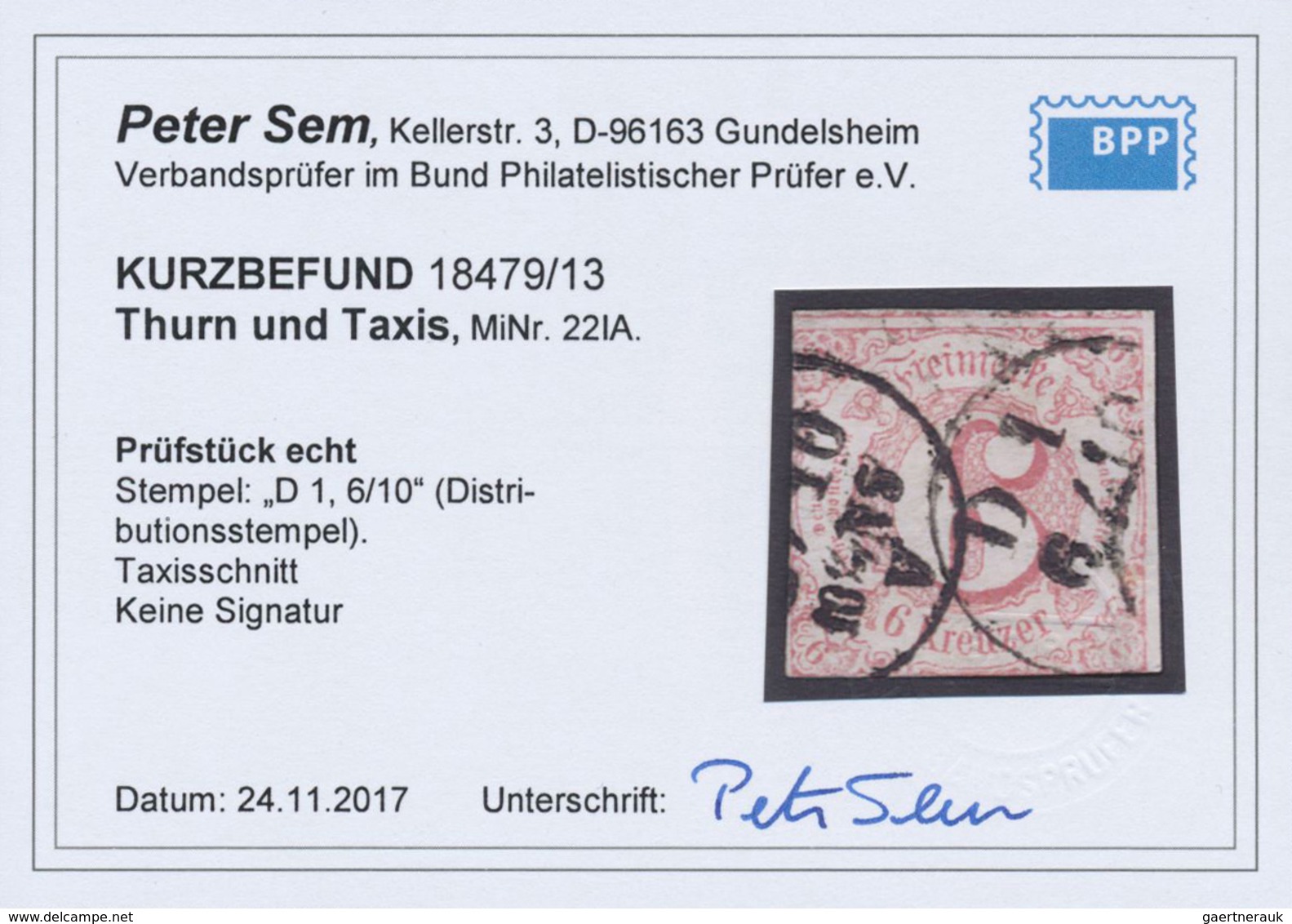 O Thurn & Taxis - Besonderheiten: 1860, 6 Kr. Rosa, Taxisschnitt Mit Distibutionsstempel, Kurzbefund S - Autres & Non Classés