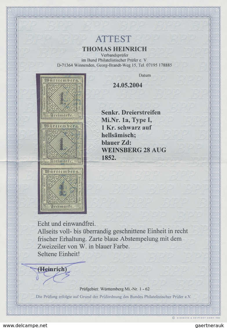 O Württemberg - Marken Und Briefe: 1851, 1 Kr. Schwarz Auf Hellsämisch, Type I Im Allseits Voll- Bis B - Altri & Non Classificati