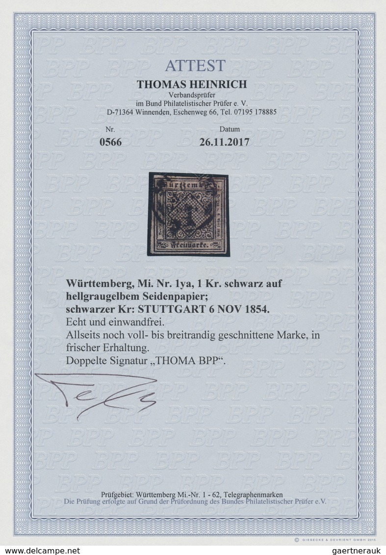 O Württemberg - Marken Und Briefe: 1851, 1 Kreuzer Schwarz A. Hellgraugelbem SEIDENPAPIER Entwertet Mi - Andere & Zonder Classificatie