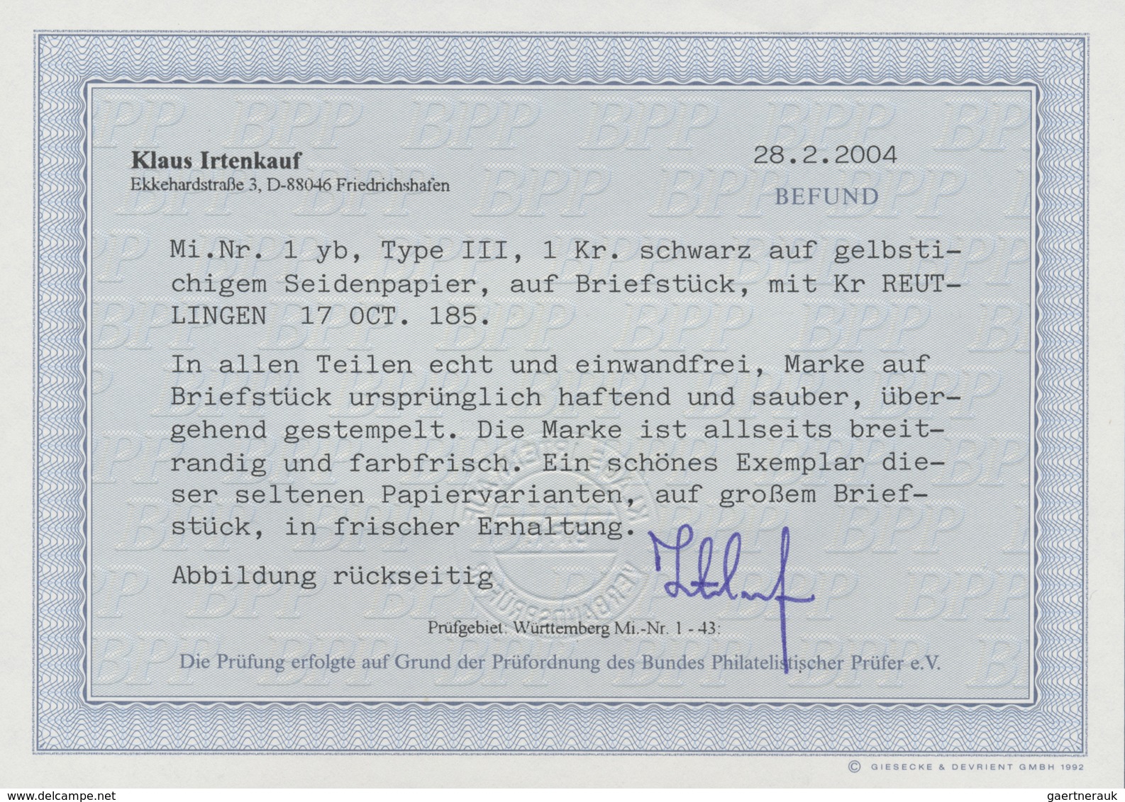 Brfst Württemberg - Marken Und Briefe: 1851, 1 Kr. Schwarz Auf Mittelgraugelbem Seidenpapier, Allseits Bre - Sonstige & Ohne Zuordnung