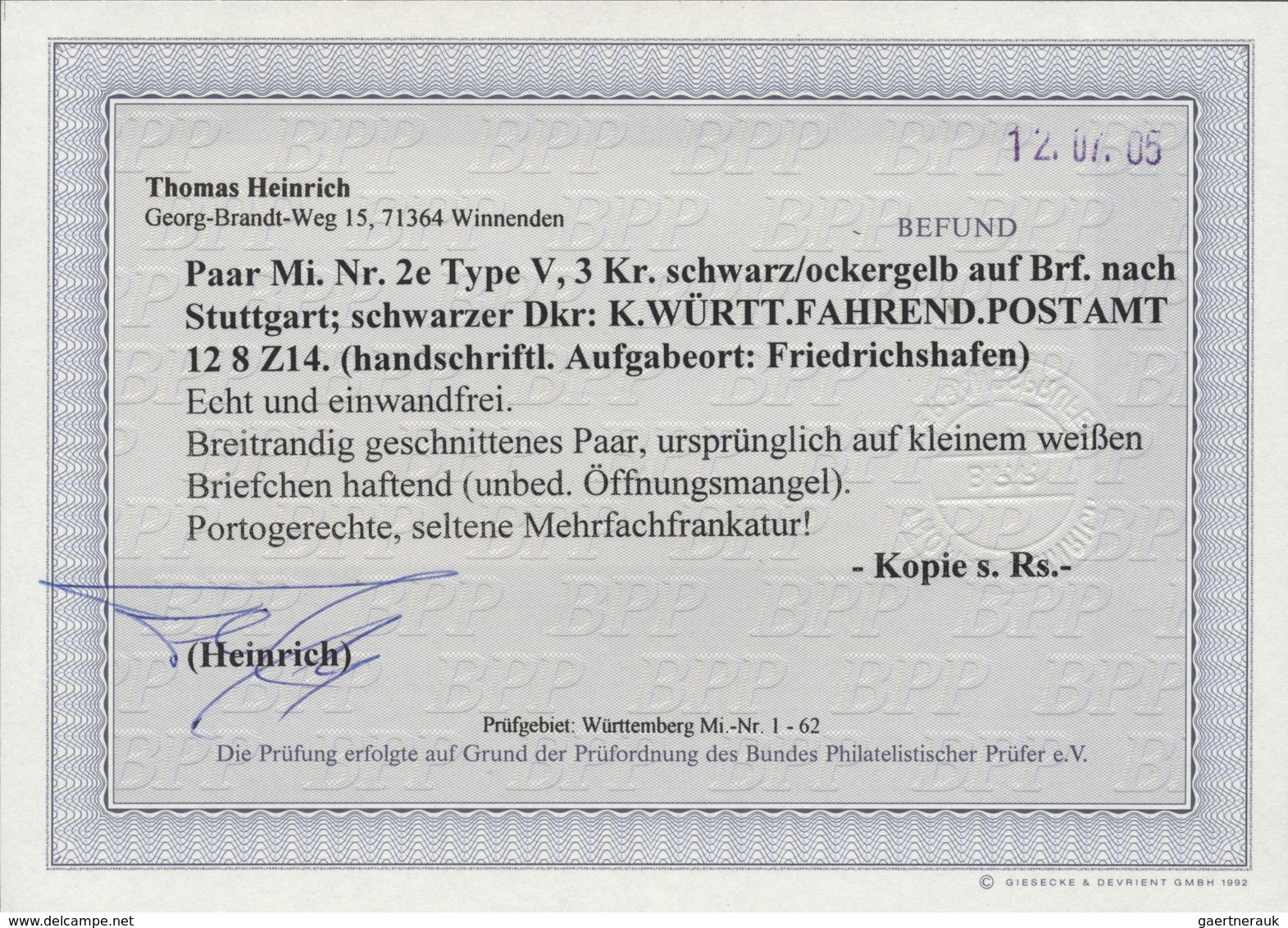 Br Württemberg - Marken Und Briefe: 1851: 3 Kr. Schwarz/lebhaftolivgelb, Type V, Seltene Farbe, Sehr Br - Autres & Non Classés