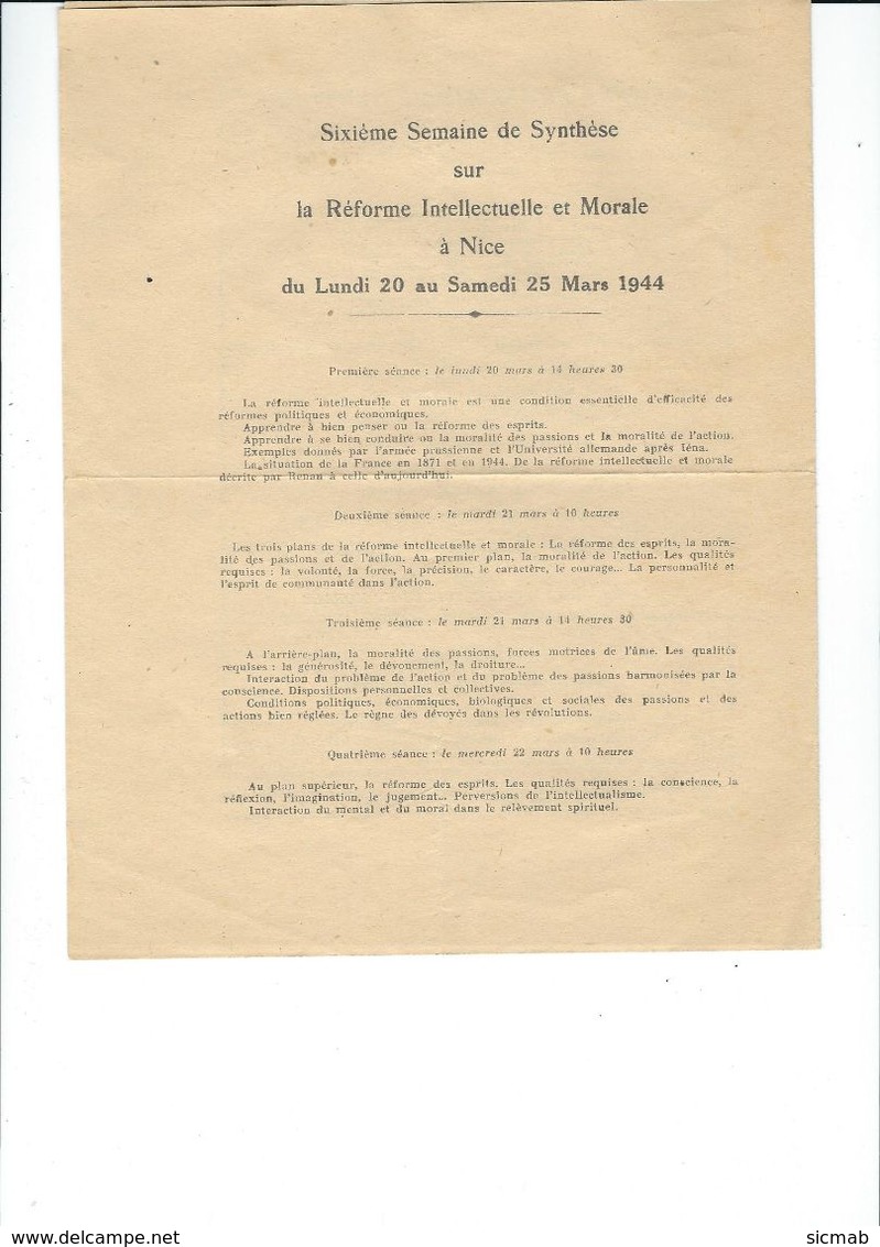 Sous La Haute Protection Du MARECHAL PETAIN, Prospectus Annonçant La Sixième Semaine De Synthèse Sur La Réforme Intellec - Non Classés