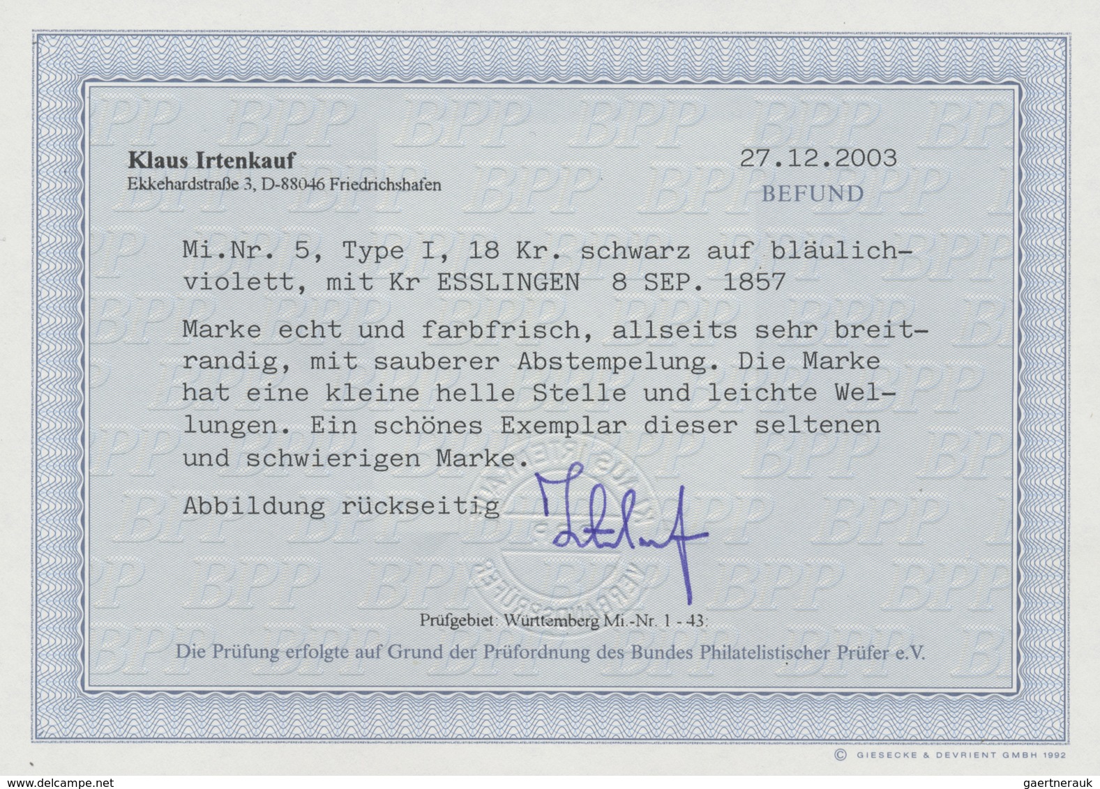 O Württemberg - Marken Und Briefe: 18 Kr. Schwarz Auf Bläulich-violett, Type I, Farbfrisch Und Allseit - Autres & Non Classés