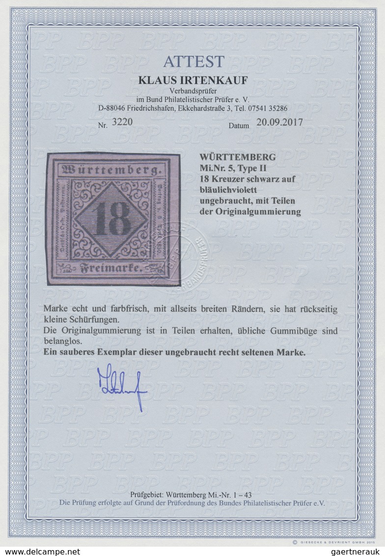 * Württemberg - Marken Und Briefe: 1851, Ziffern-Ausgabe 18 Kr. Schwarz Auf Mattblauviolett In Type II - Autres & Non Classés