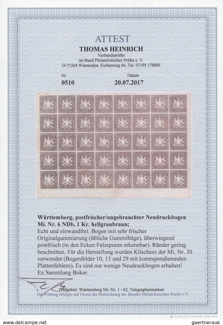 ** Württemberg - Marken Und Briefe: 1857, 1 Kr. Hellgraubraun Mit Seidenfaden KOMPLETTER 40-er BOGEN Ex - Sonstige & Ohne Zuordnung