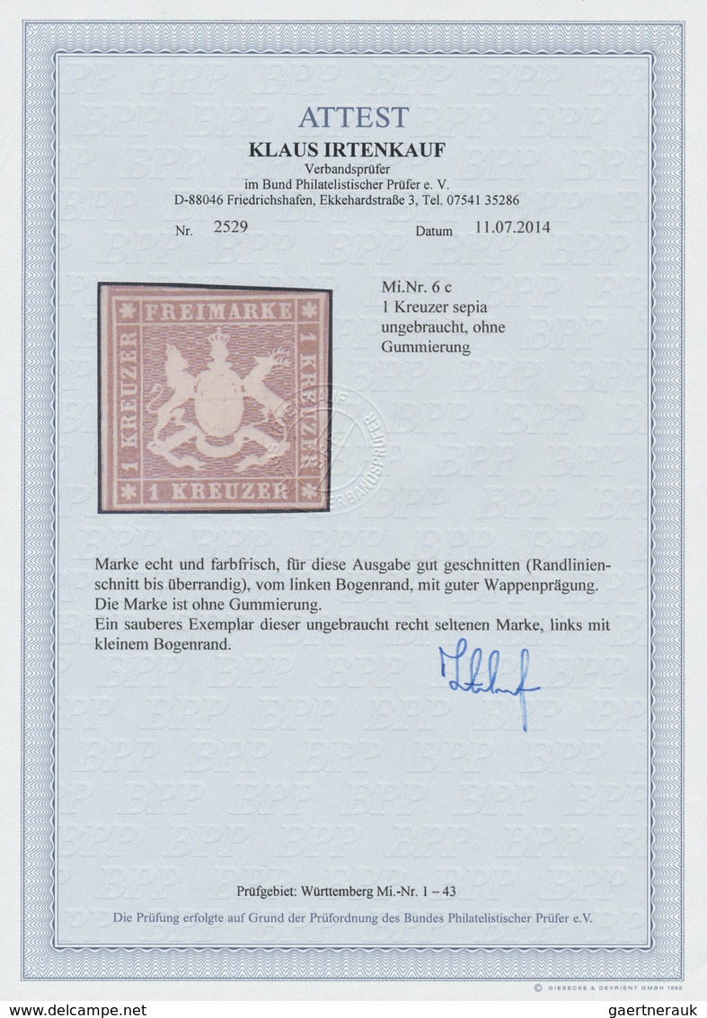 (*) Württemberg - Marken Und Briefe: 1857, Wappen 1 Kr. Dunkelbraunocker (sephia, Graustichig) Mit Seide - Altri & Non Classificati