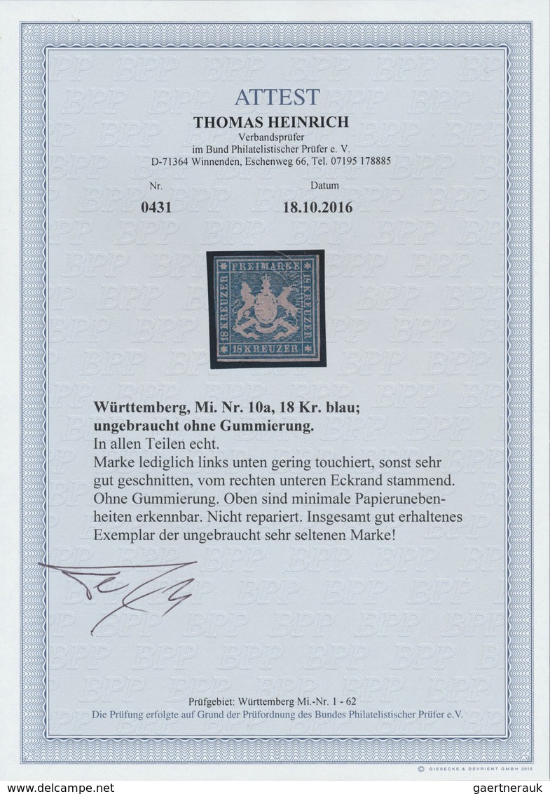 (*) Württemberg - Marken Und Briefe: 1857, 18 Kr. Hellblau Mit Seidenfaden, Ungebraucht Ohne Gummi, Sehr - Sonstige & Ohne Zuordnung