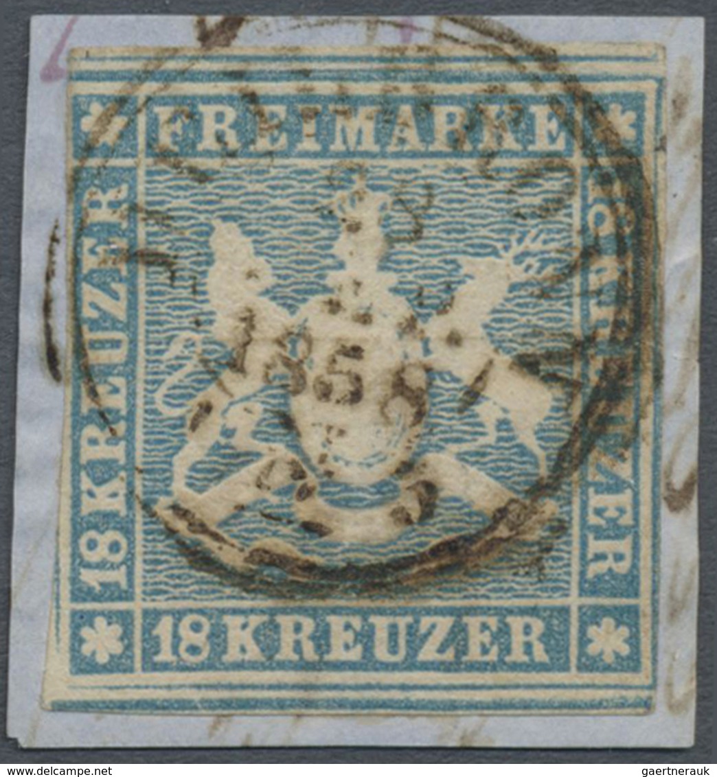 Brfst Württemberg - Marken Und Briefe: 1857, 18 Kr. Wappen Blau, Gestempelt Auf Briefstück, Typischer Schn - Sonstige & Ohne Zuordnung