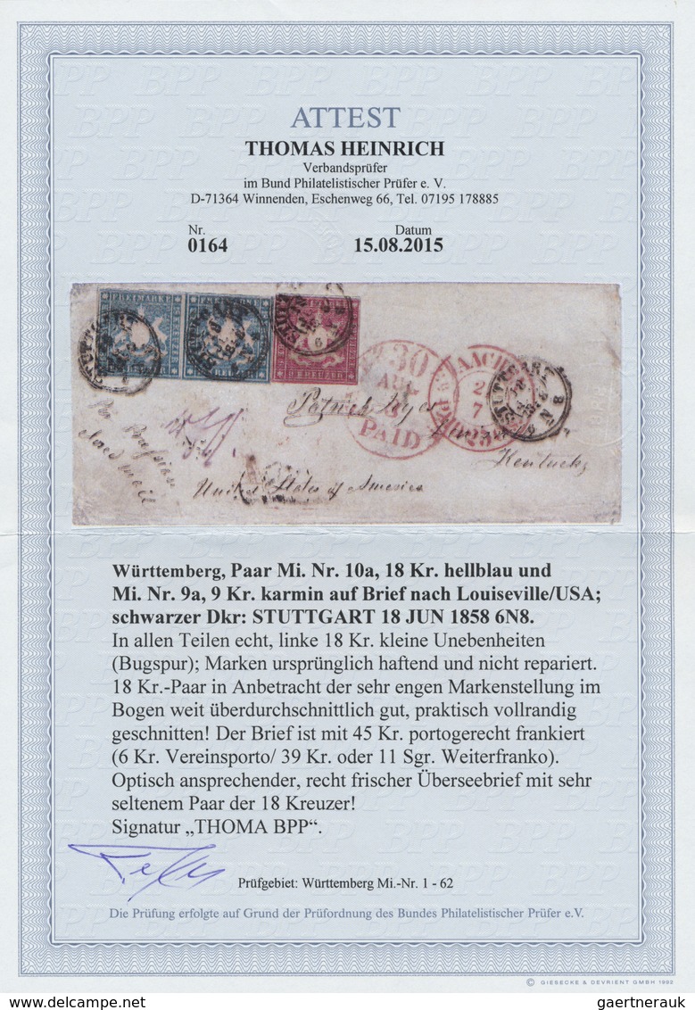 Br Württemberg - Marken Und Briefe: 1857, 18 Kr. Hellblau, Waagerechtes Paar Mit 9 Kr. Karmin Auf Trans - Sonstige & Ohne Zuordnung