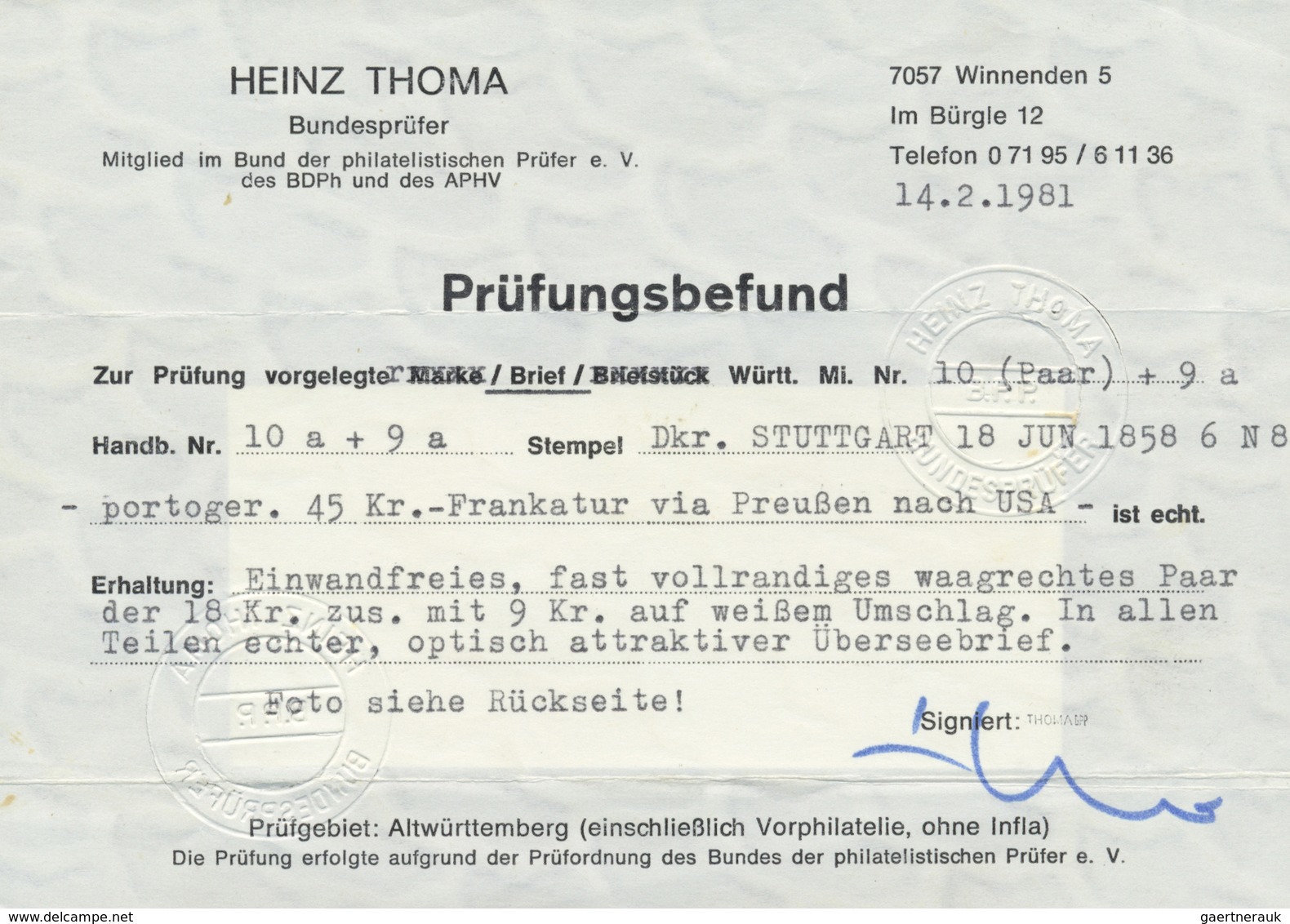 Br Württemberg - Marken Und Briefe: 1857, 18 Kr. Hellblau, Waagerechtes Paar Mit 9 Kr. Karmin Auf Trans - Sonstige & Ohne Zuordnung