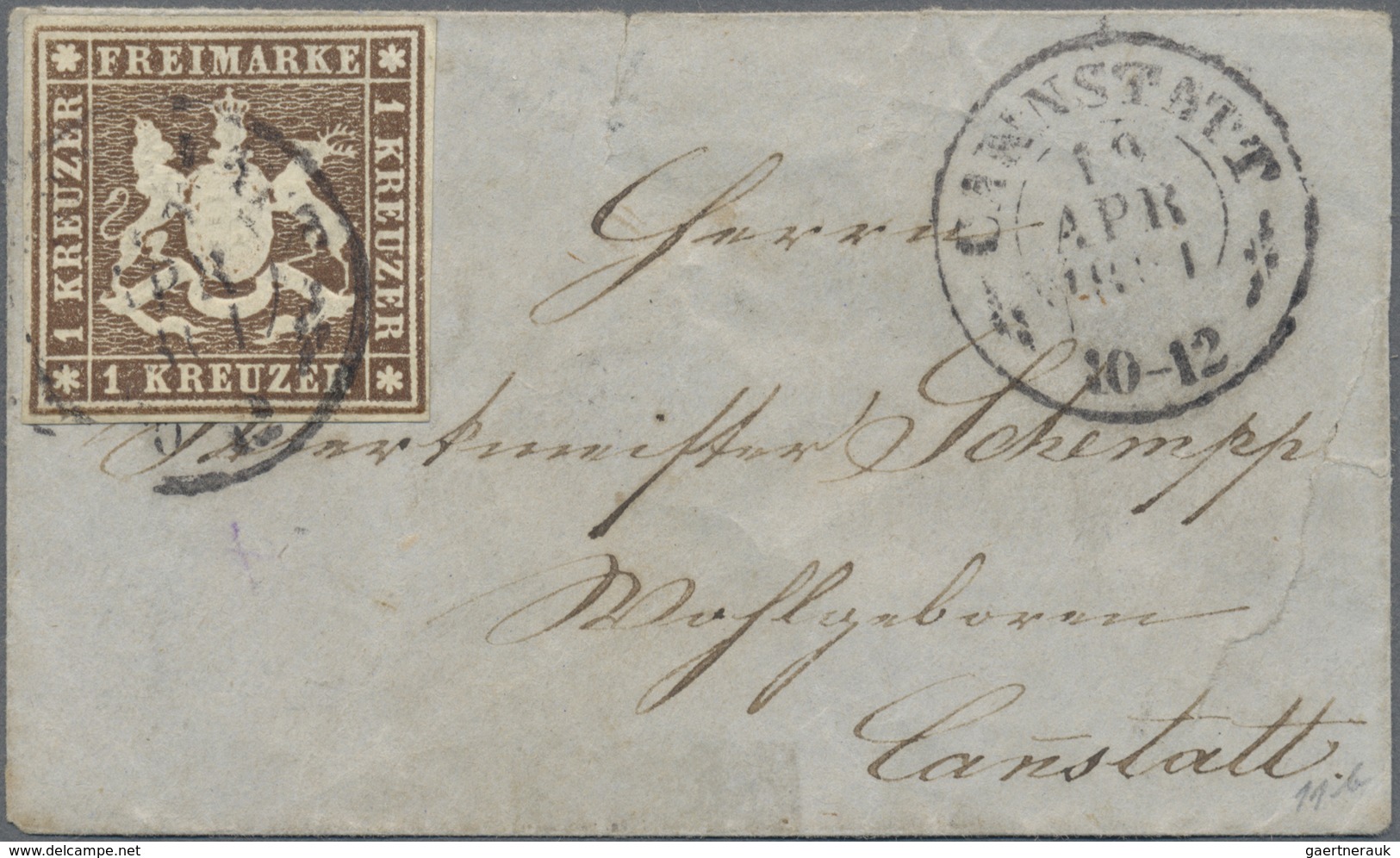 Br Württemberg - Marken Und Briefe: 1859, 1 Kr. Dunkelbraun Ohne Seidenfaden Auf Mini-Couvert (48x80 Mm - Autres & Non Classés
