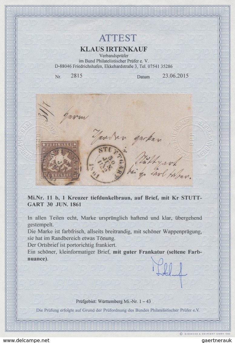 Br Württemberg - Marken Und Briefe: 1859, Wappenausgabe 1 Kr. Ohne Seidenfaden Seltene B-Farbe Tiefdunk - Sonstige & Ohne Zuordnung