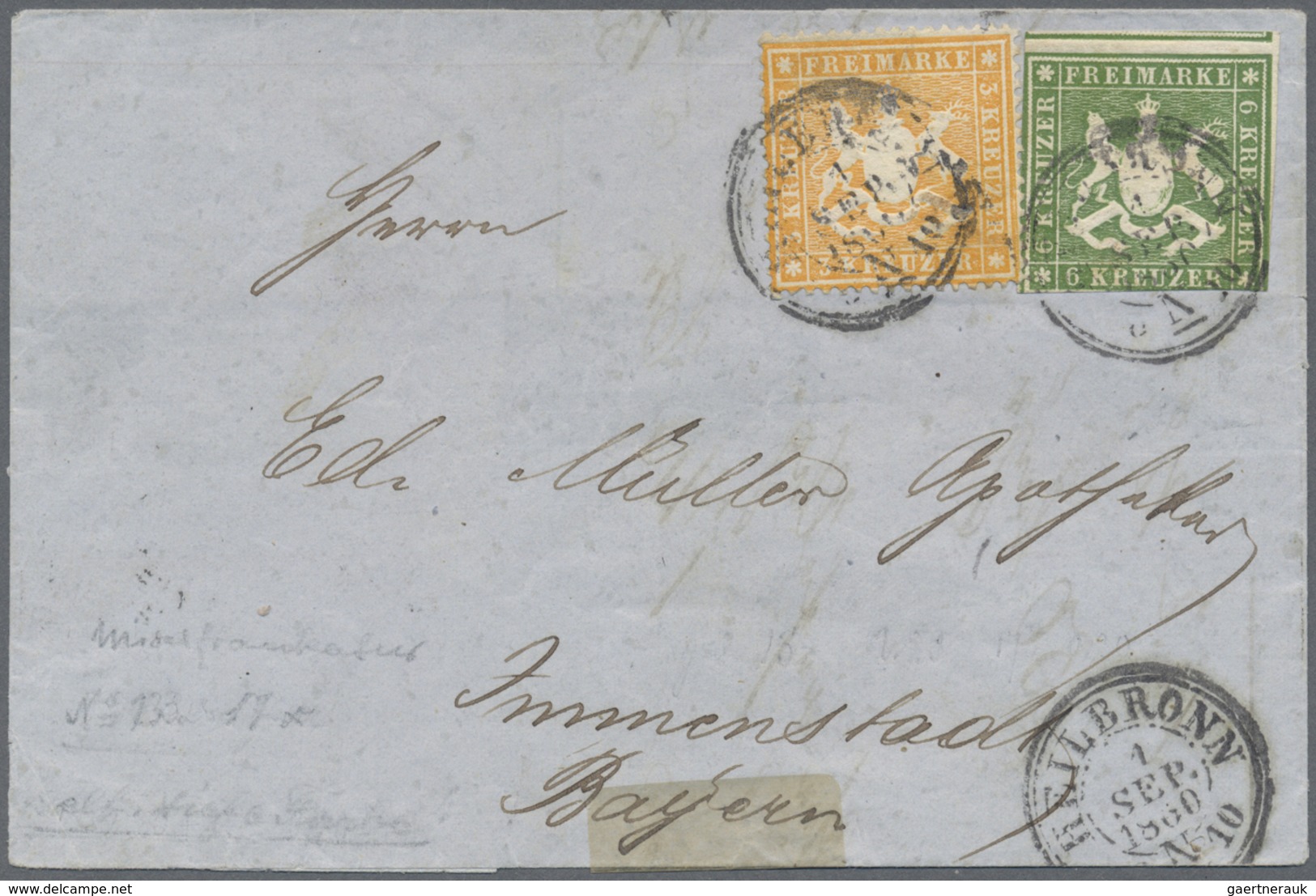 Br Württemberg - Marken Und Briefe: 1857/59, AUSGABEN-Mischfrankatur Mit Wappenausgabe 6 Kr. Dunkelgrün - Sonstige & Ohne Zuordnung