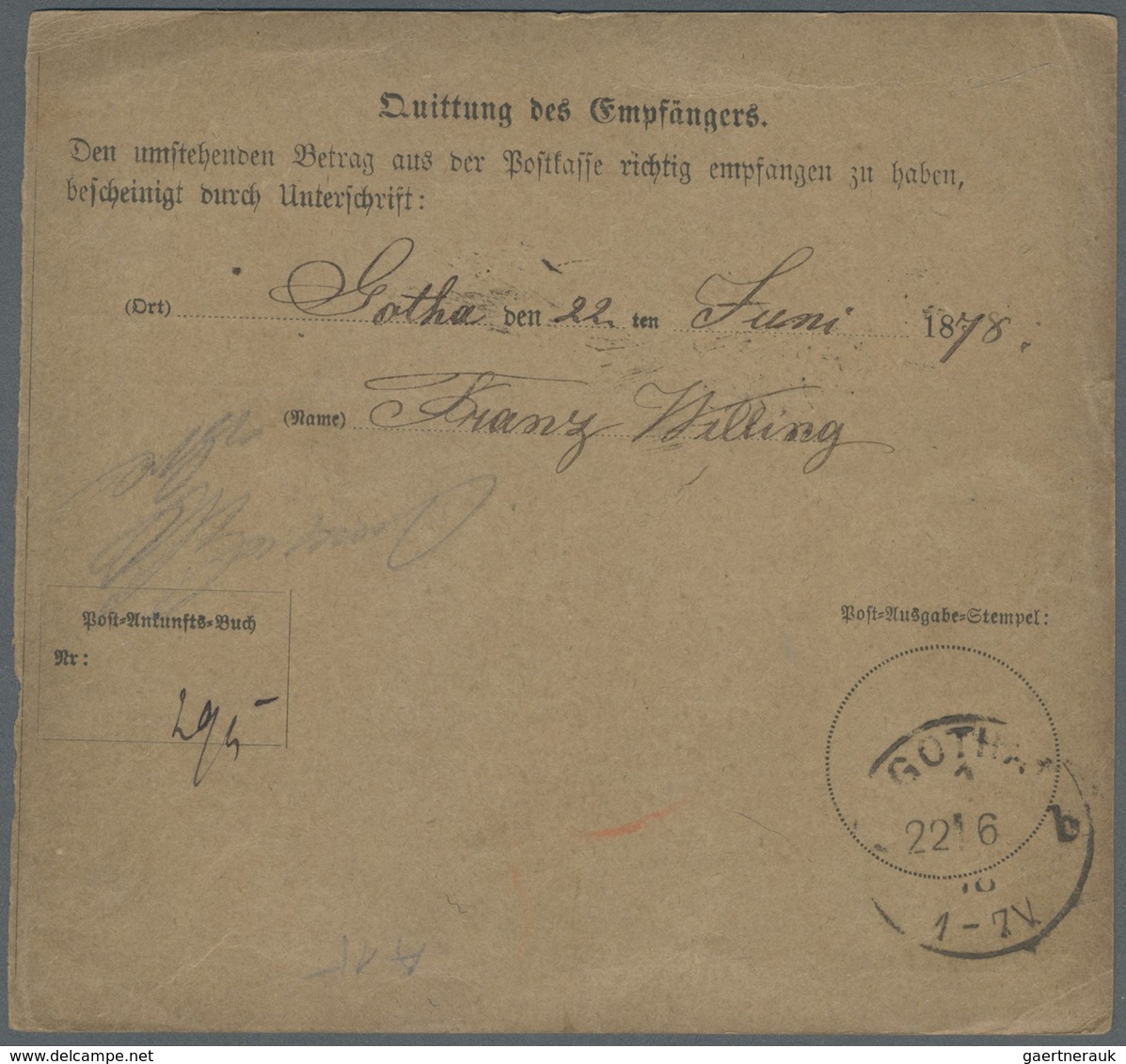 GA Württemberg - Marken Und Briefe: 1878/1891, 3 Postanweisungen Aus Stuttgart Nach Neresheim (A14), Na - Autres & Non Classés