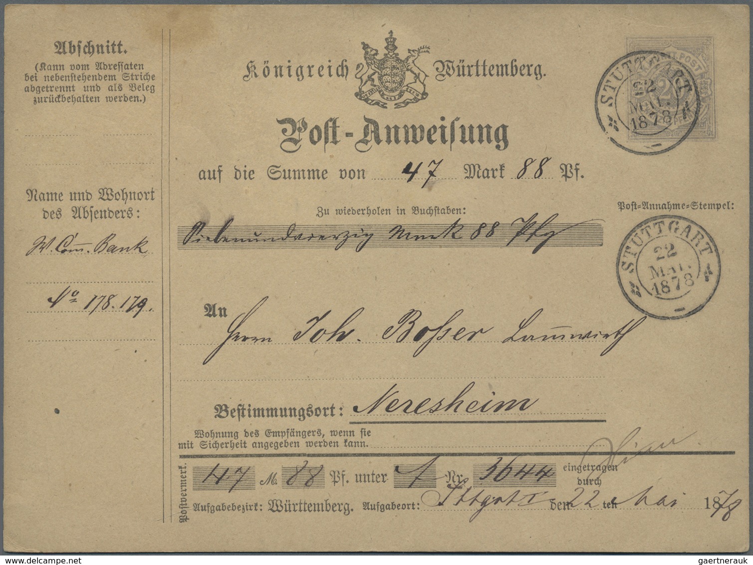 GA Württemberg - Marken Und Briefe: 1878/1891, 3 Postanweisungen Aus Stuttgart Nach Neresheim (A14), Na - Sonstige & Ohne Zuordnung