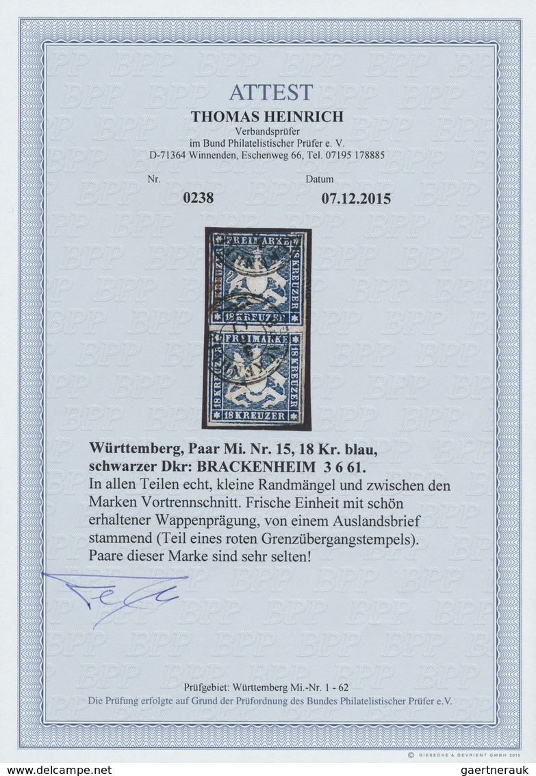 O/ Württemberg - Marken Und Briefe: 1859, 18 Kr. Dunkelblau (ohne Seidenfaden) Im Senkrechten Paar Mit - Autres & Non Classés