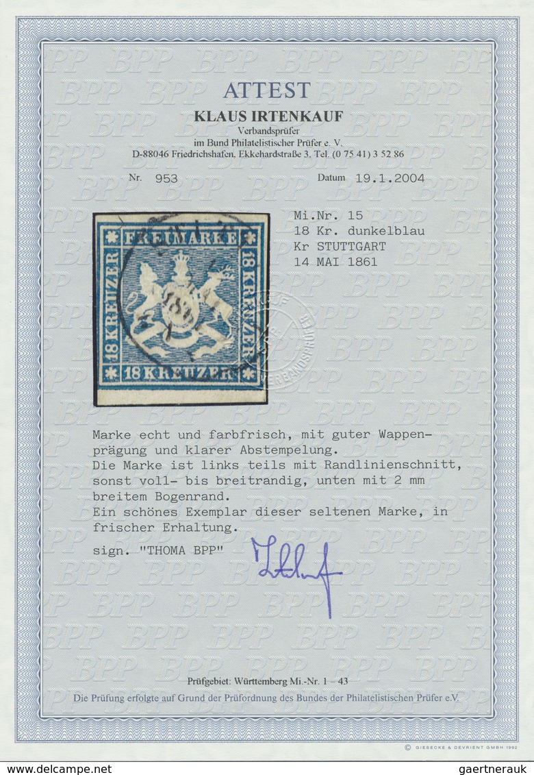 O Württemberg - Marken Und Briefe: 1860, 18 Kr. Wappen Dunkelblau, Farbfrisches Exemplar Mit Guter Wap - Altri & Non Classificati