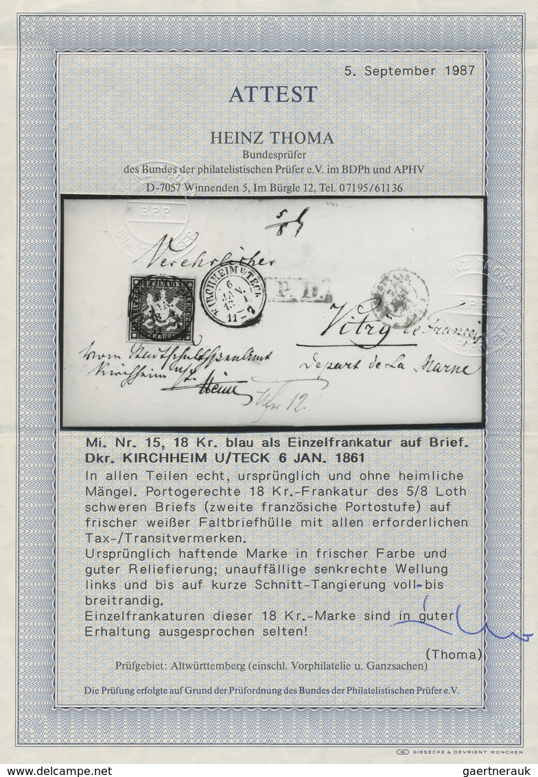 Br Württemberg - Marken Und Briefe: 1859, Einzelfrankatur 18 Kr. Dunkelblau Ohne Seidenfaden Mit Platte - Sonstige & Ohne Zuordnung