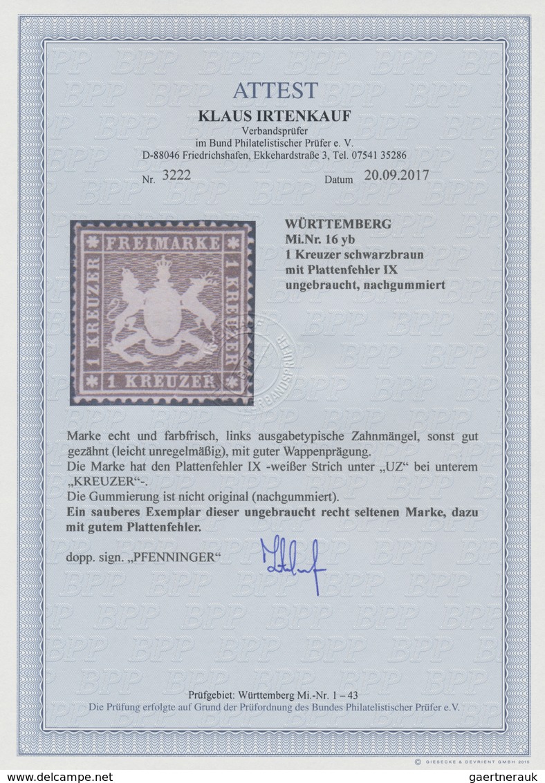 (*) Württemberg - Marken Und Briefe: 1861, Wappenausgabe 1 Kr. Eng Gezähnt, Dünnes Papier Mit Handbuch-P - Sonstige & Ohne Zuordnung