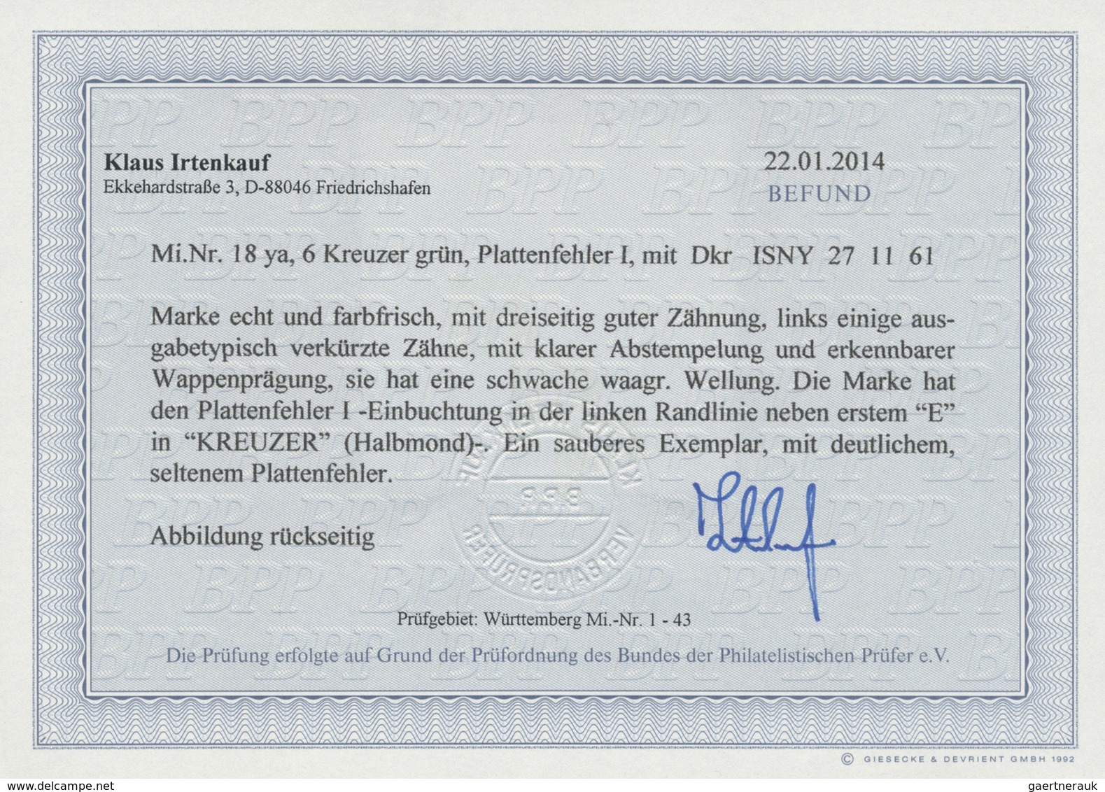 O Württemberg - Marken Und Briefe: 1861: 6 Kr. Grün, Normal Gezähntes Prachtstück Mit Seltenem Platten - Sonstige & Ohne Zuordnung