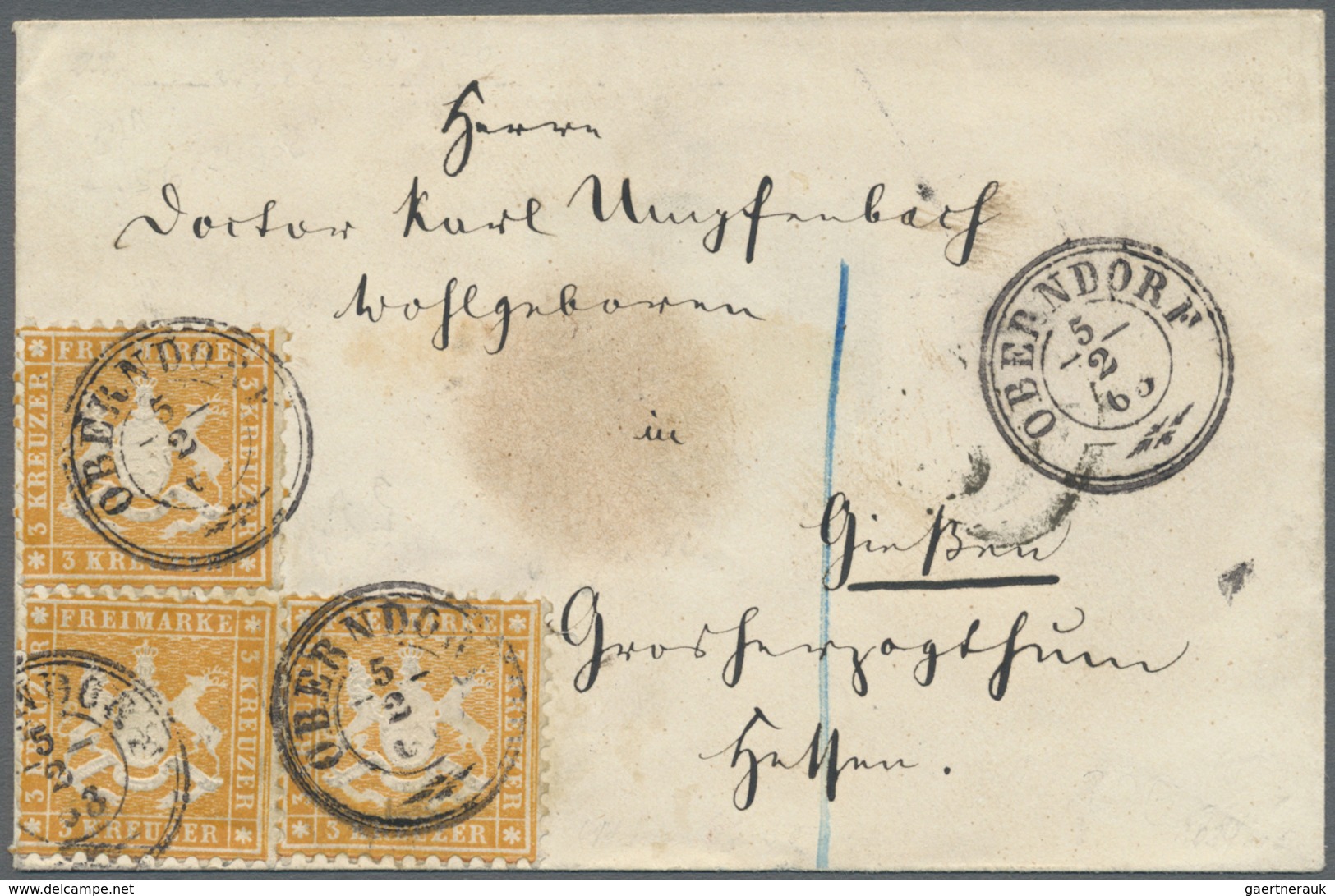 Br Württemberg - Marken Und Briefe: 1862, Dreimal 3 Kr. Gelborange, Weit Gezähnt Je Mit K3 „OBERNDORF 5 - Autres & Non Classés