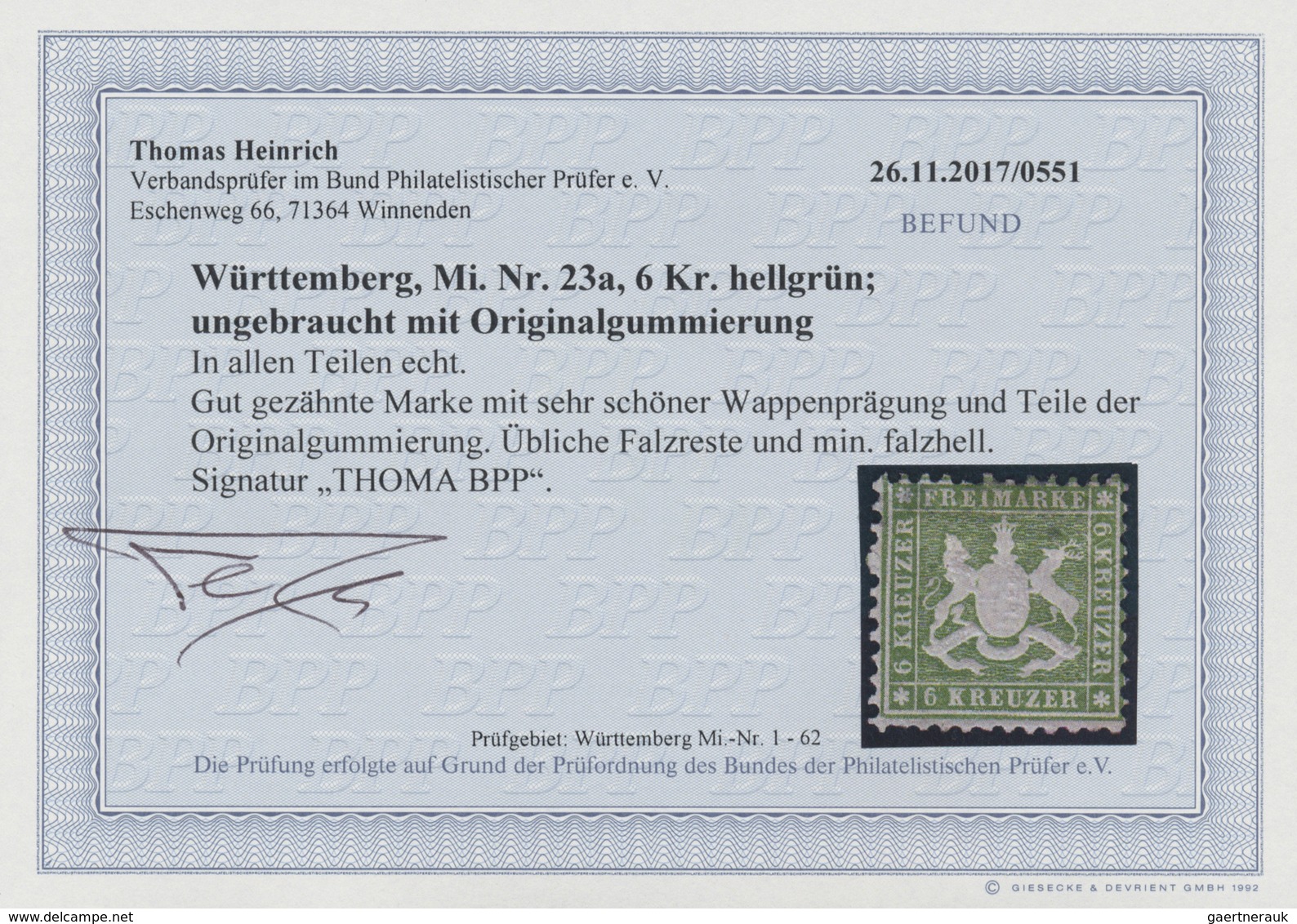*/(*) Württemberg - Marken Und Briefe: 1862, 6 Kreuzer Hellgrün Ungebraucht Mit Teilen Der Originalgummier - Autres & Non Classés