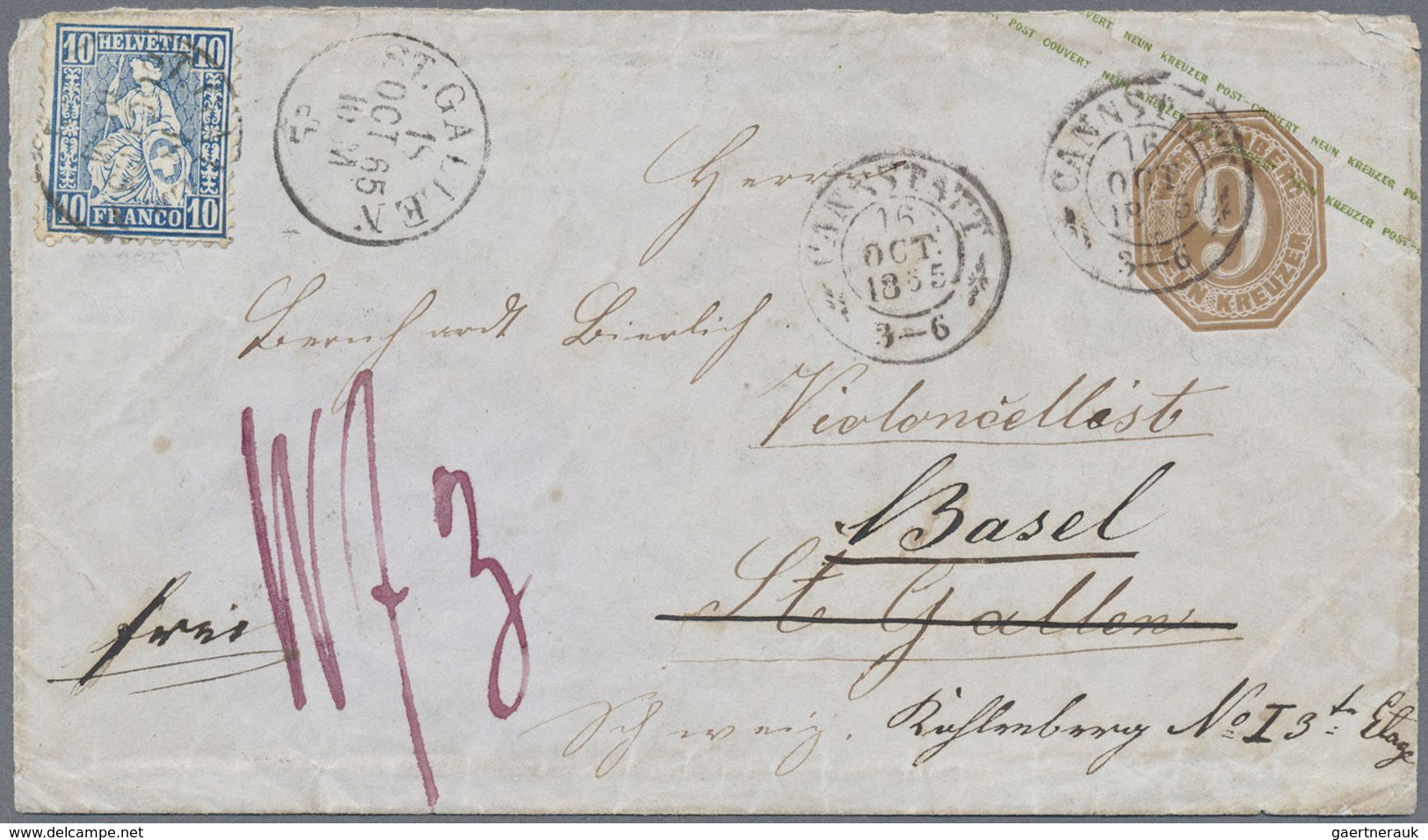 GA Württemberg - Marken Und Briefe: 1865 (16.10.) Württemberg GA-Umschlag 9 Kr. Braun Mit Schweiz Sitze - Sonstige & Ohne Zuordnung