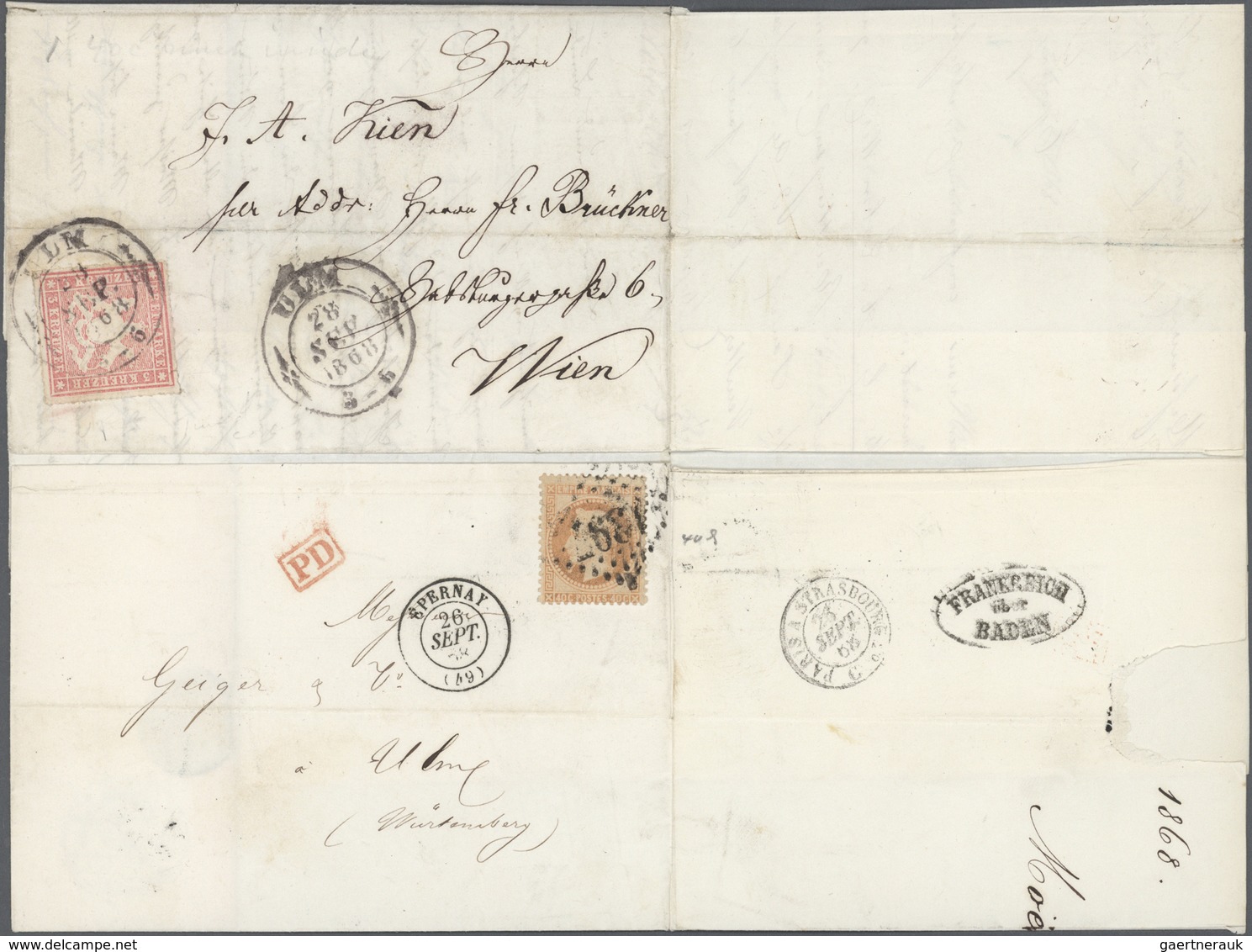 Br Württemberg - Marken Und Briefe: 1865, ZWEI-LÄNDER-FRANKATUR 3 Kr. Durchstochen + Frankreich 1862 Na - Autres & Non Classés
