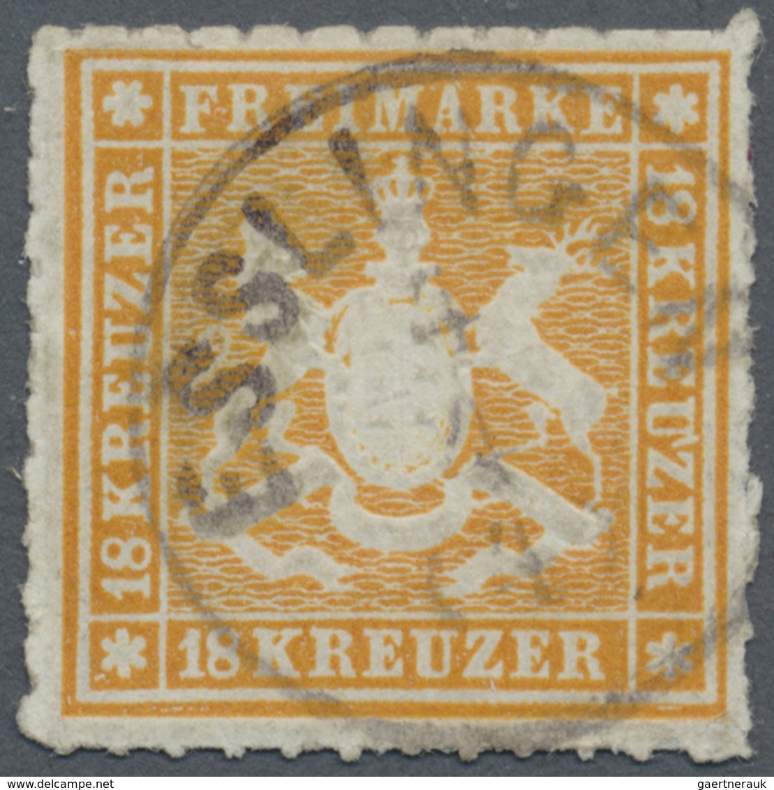 O Württemberg - Marken Und Briefe: 1865, Wappen 18 Kreuzer Durchstochen, Orangegelb Mit Plattenfehler: - Autres & Non Classés