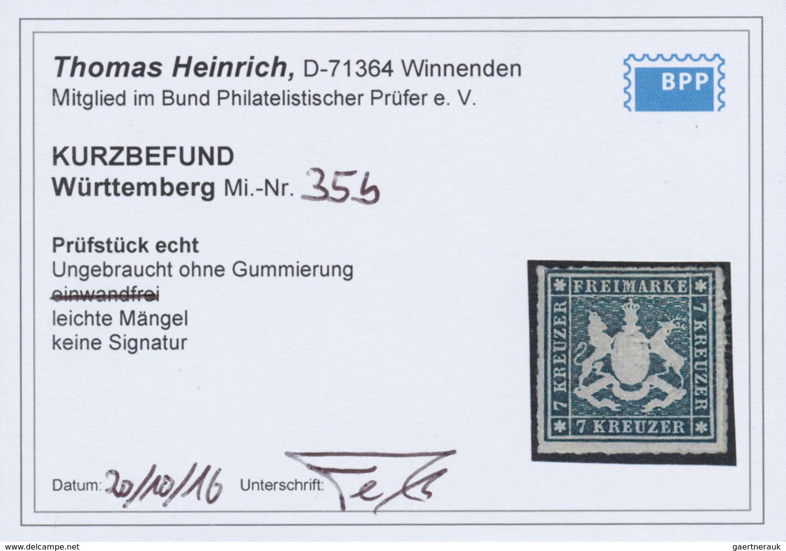 (*) Württemberg - Marken Und Briefe: 1868, Wappen 7 Kr. Schieferblau, Durchstochen, Ungebraucht Ohne Gum - Autres & Non Classés