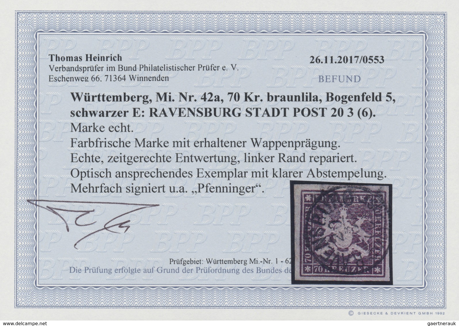 O Württemberg - Marken Und Briefe: 1873, 70 Kreuzer Dunkelviolettbraun Entwertet Mit Zentrisch Klarem - Autres & Non Classés