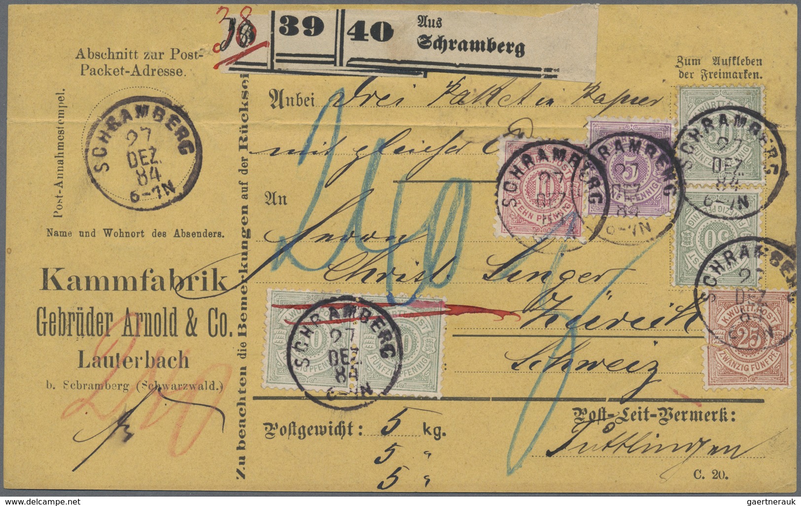 Br Württemberg - Marken Und Briefe: 1875, Sehr Seltene 4-Farbenfrankatur Auf Paketkarte(Bug) Für 3 Pake - Sonstige & Ohne Zuordnung