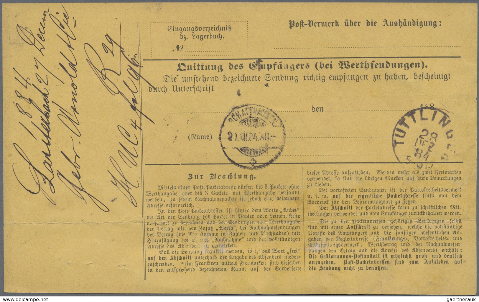 Br Württemberg - Marken Und Briefe: 1875, Sehr Seltene 4-Farbenfrankatur Auf Paketkarte(Bug) Für 3 Pake - Sonstige & Ohne Zuordnung