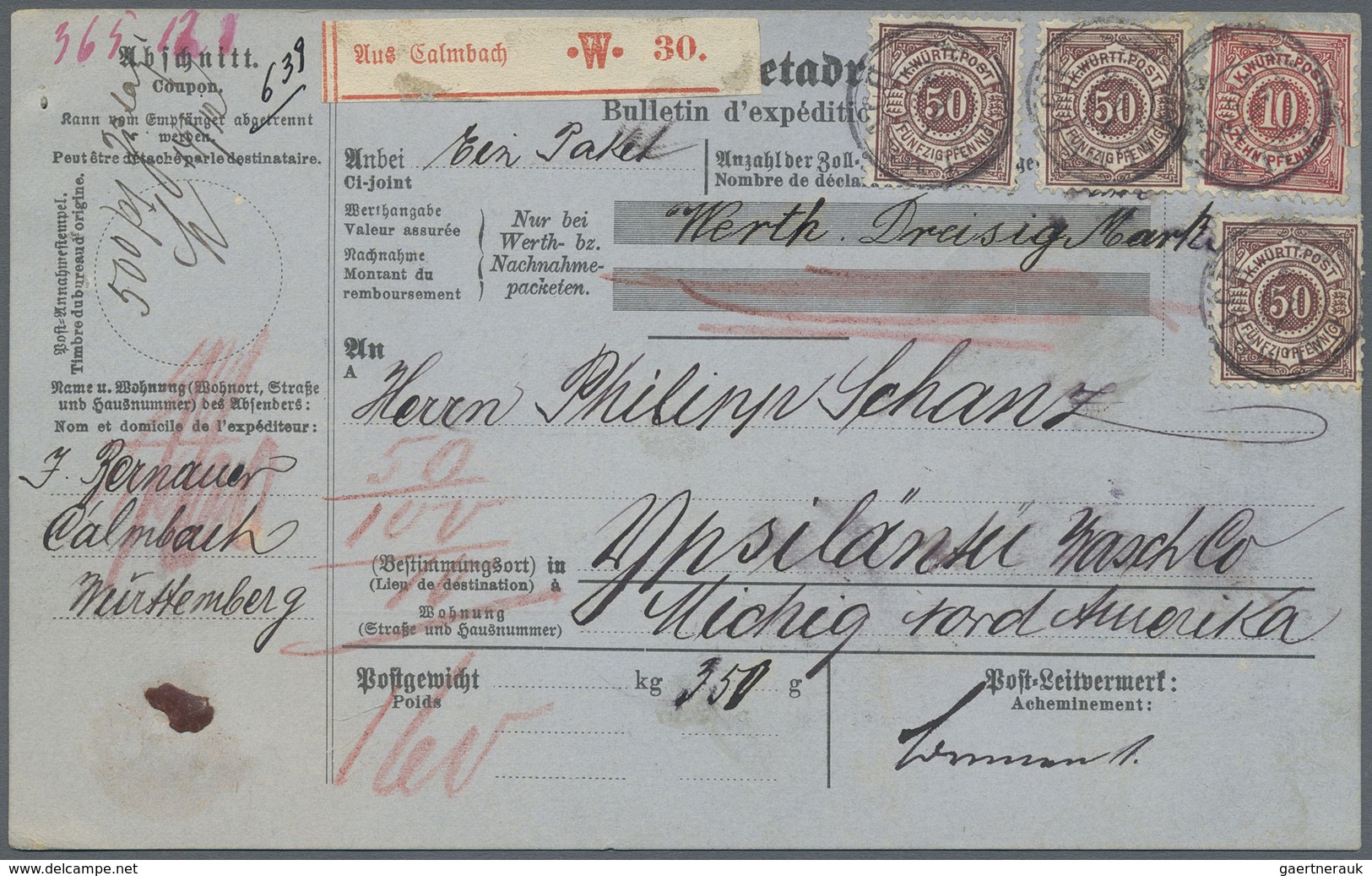 Br Württemberg - Marken Und Briefe: 1890, Pracht-Paketkarte Mit Dreimal 50 Pf. Dunkellilabraun + 10 Pf. - Autres & Non Classés