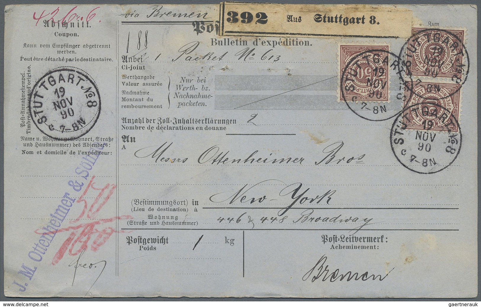 Br Württemberg - Marken Und Briefe: 1890, Pracht-Paketkarte Mit Dreimal 50 Pf. Dunkellilabraun Von "STU - Sonstige & Ohne Zuordnung