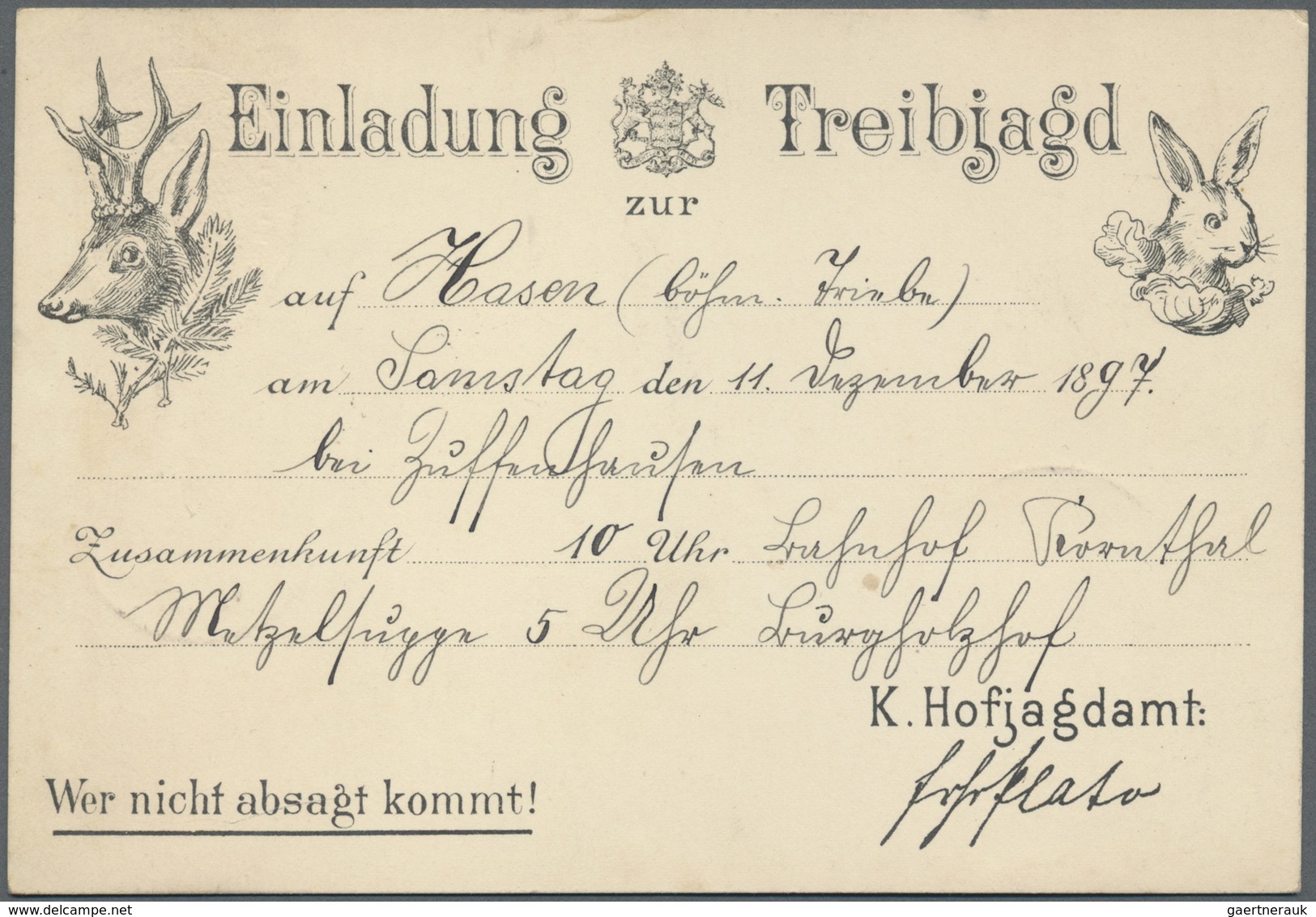 Br Württemberg - Marken Und Briefe: 1897/1898, "TREIBJAGT" 2 Sehr Seltene Karten "Einladung Zur Treibja - Autres & Non Classés