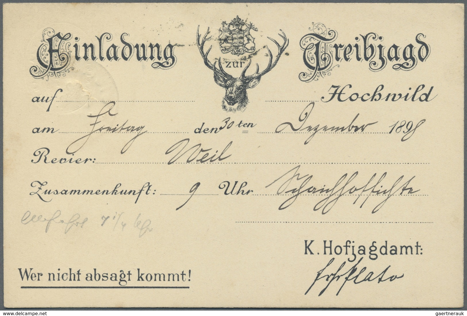 Br Württemberg - Marken Und Briefe: 1897/1898, "TREIBJAGT" 2 Sehr Seltene Karten "Einladung Zur Treibja - Autres & Non Classés