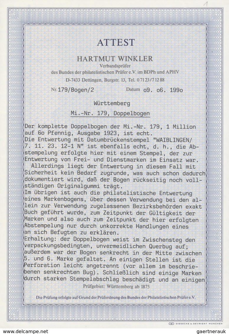 O Württemberg - Marken Und Briefe: 1923, 1 Mio. Auf 60 Pfg. Im Kompletten Doppelboggen Mit 10 Zwischen - Autres & Non Classés