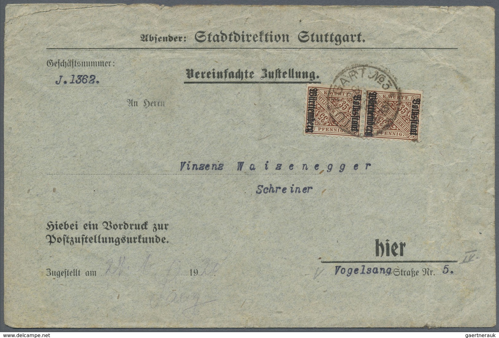 Br Württemberg - Marken Und Briefe: 1919, 35 Pfg. Volkstaat Im Senkrechten Paar Als Portogerechte Mehrf - Autres & Non Classés