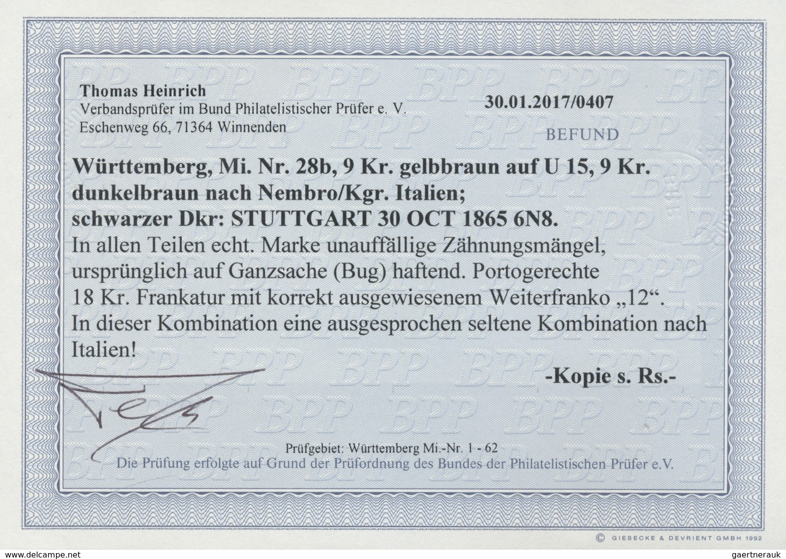 GA Württemberg - Ganzsachen: 1865, 9 Kreuzer Dunkelbraun Als Zusatzfrankatur Auf 9 Kr Ganzsachenumschla - Altri & Non Classificati