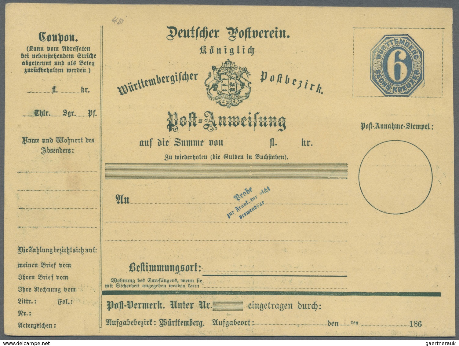 GA Württemberg - Ganzsachen: 1866, Seltener Post-Anweisungs-PROBEDRUCK 6 Kr. Blau Mit Punkt-Rahmen Um W - Autres & Non Classés