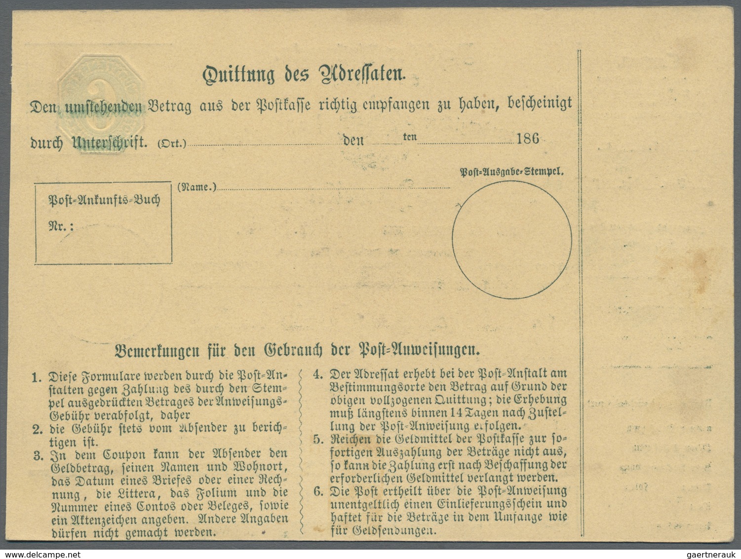 GA Württemberg - Ganzsachen: 1866, Seltener Post-Anweisungs-PROBEDRUCK 6 Kr. Blau Mit Punkt-Rahmen Um W - Altri & Non Classificati