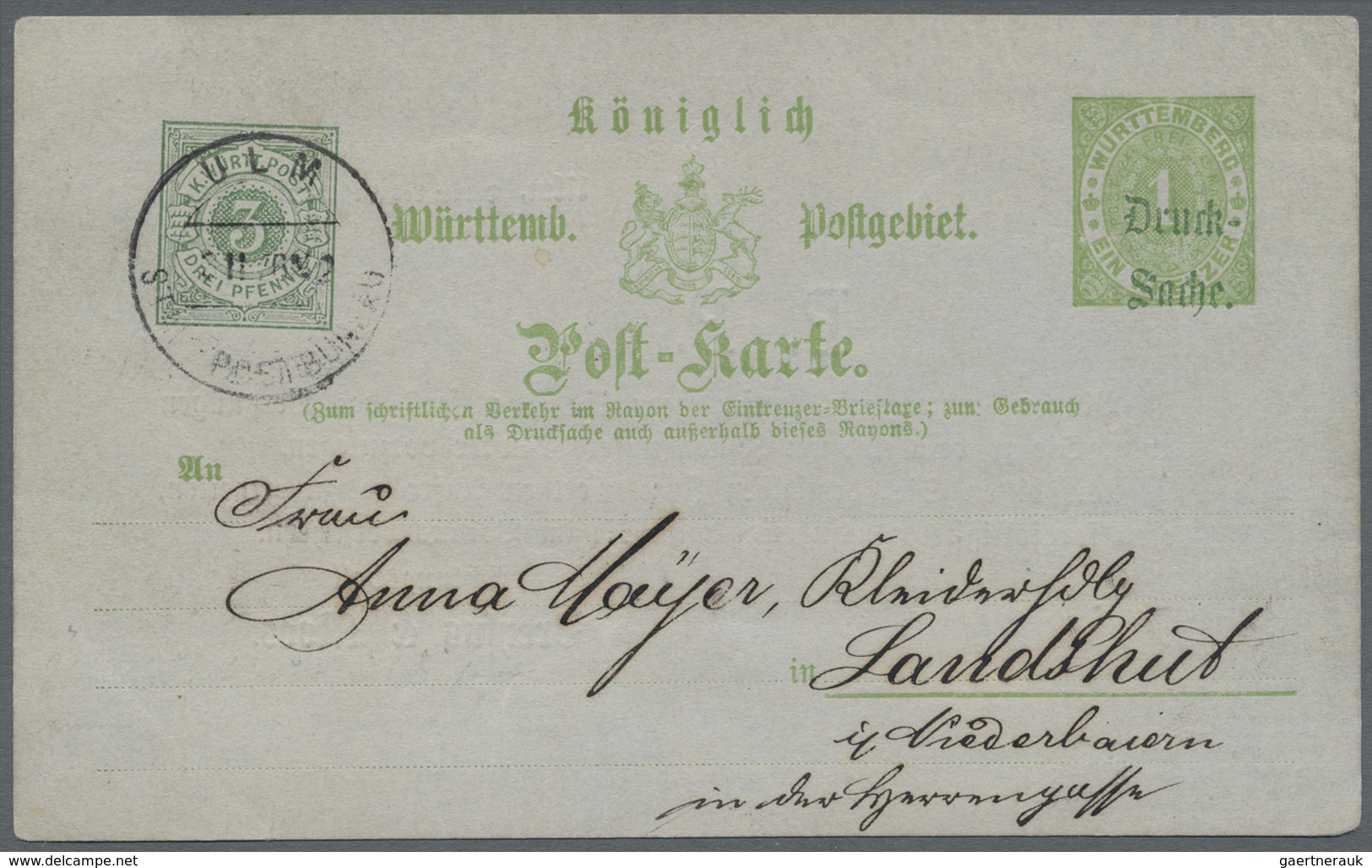 GA Württemberg - Ganzsachen: 1872, Postkarten-Aufbrauchs-UNIKAT 1 Kr Grün Mit Amtlichem Überdruck In Gr - Altri & Non Classificati