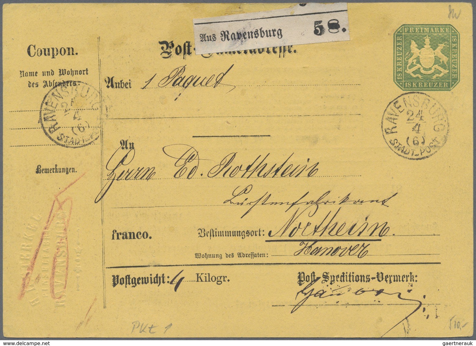 GA Württemberg - Ganzsachen: 1874, 18 Kreuzer Grün "Post-Paketadresse" über 1 Paket Von Ravensburg Nach - Altri & Non Classificati