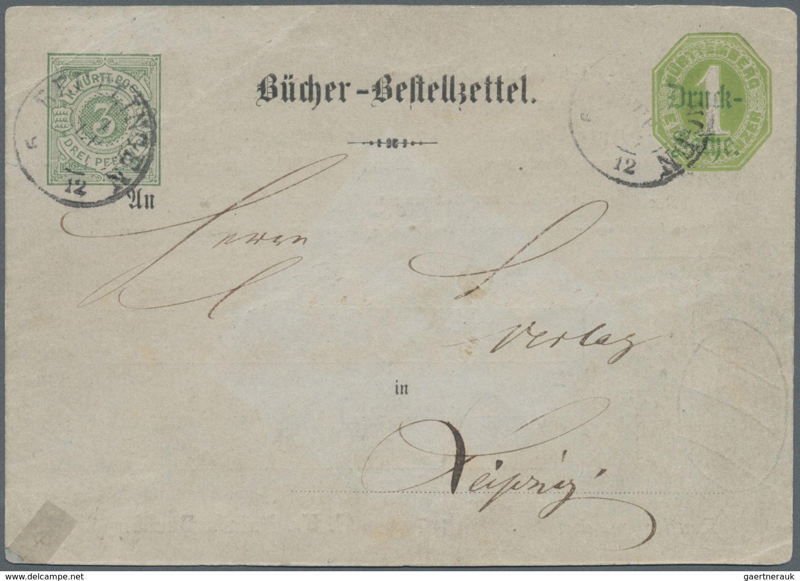 GA Württemberg - Ganzsachen: 1875, Aufbrauchkarte: 3 Pf Grün Ziffer Auf 1-Kr-Oktogon-Karte "Bücher-Best - Altri & Non Classificati