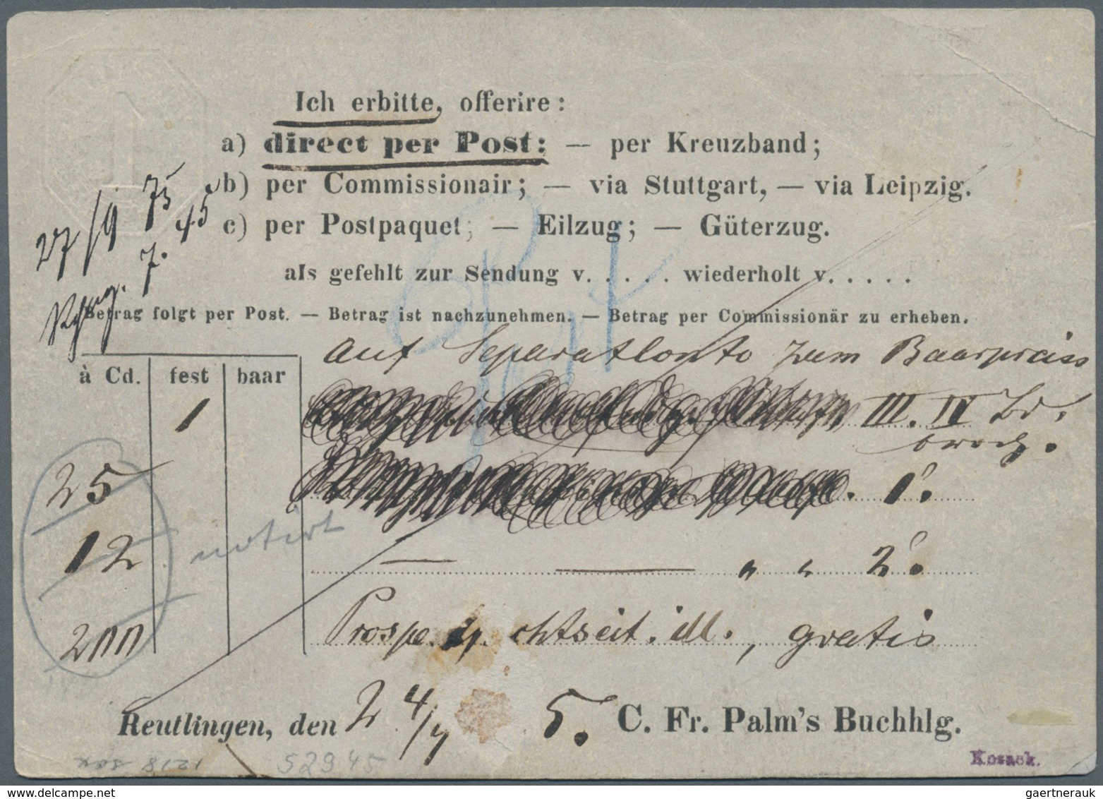 GA Württemberg - Ganzsachen: 1875, Aufbrauchkarte: 3 Pf Grün Ziffer Auf 1-Kr-Oktogon-Karte "Bücher-Best - Altri & Non Classificati