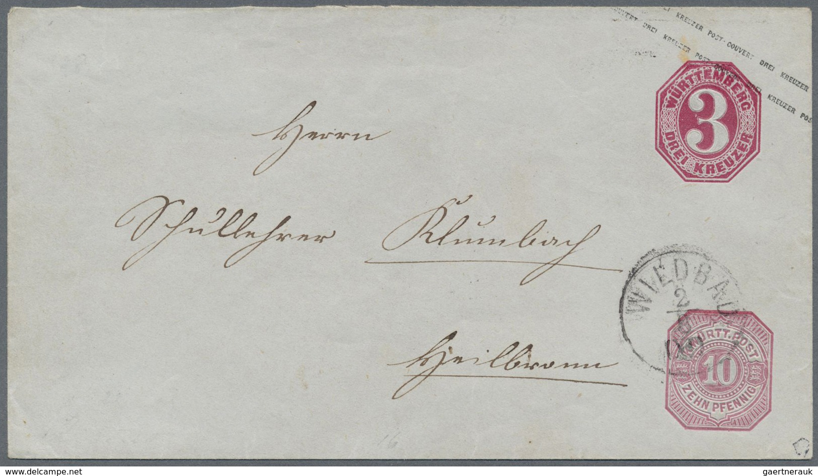 GA Württemberg - Ganzsachen: 1875. Umschlag 10 Pf Rosa Unter 3 Kr Karmin. Gebraucht. (Mi. 275,- Euro) - Altri & Non Classificati