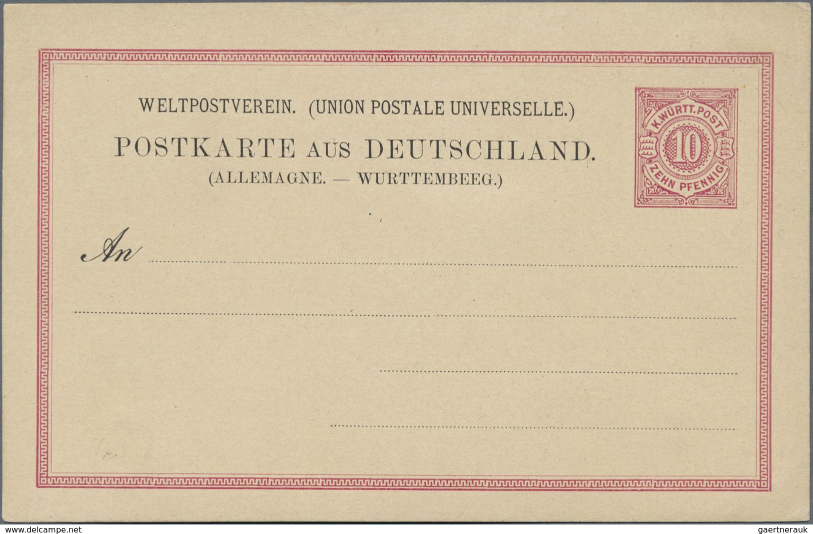 GA Württemberg - Ganzsachen: 1878. Auslandskarte 10 Pf Rot Ziffer, Mit Setzfehler "WÜRTEMBEEG", Ungebra - Altri & Non Classificati