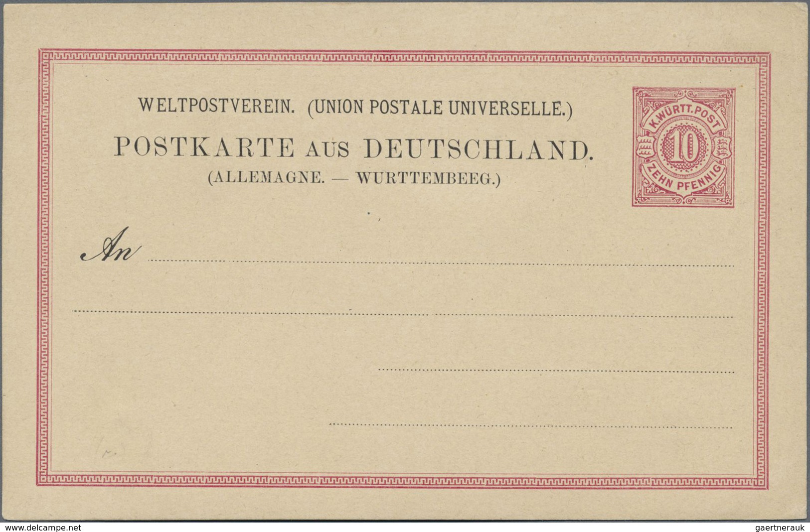 GA Württemberg - Ganzsachen: 1878. Auslandskarte 10 Pf Rot Ziffer, Mit Setzfehler "WÜRTEMBEEG", Ungebra - Autres & Non Classés